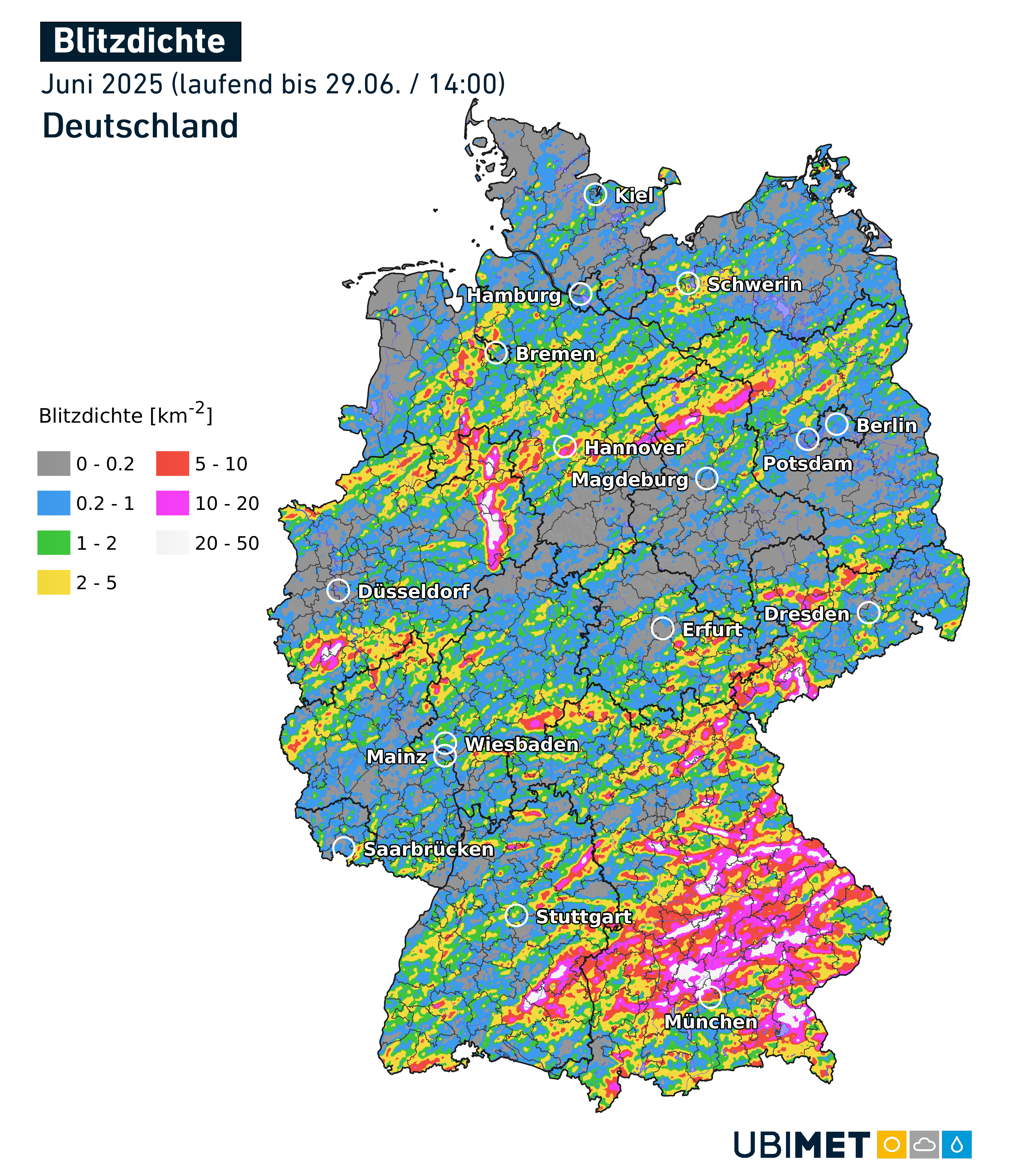 Beobachtete Blitzdichte in Deutschland im Juni 2025 - UBIMET, nowcast.de