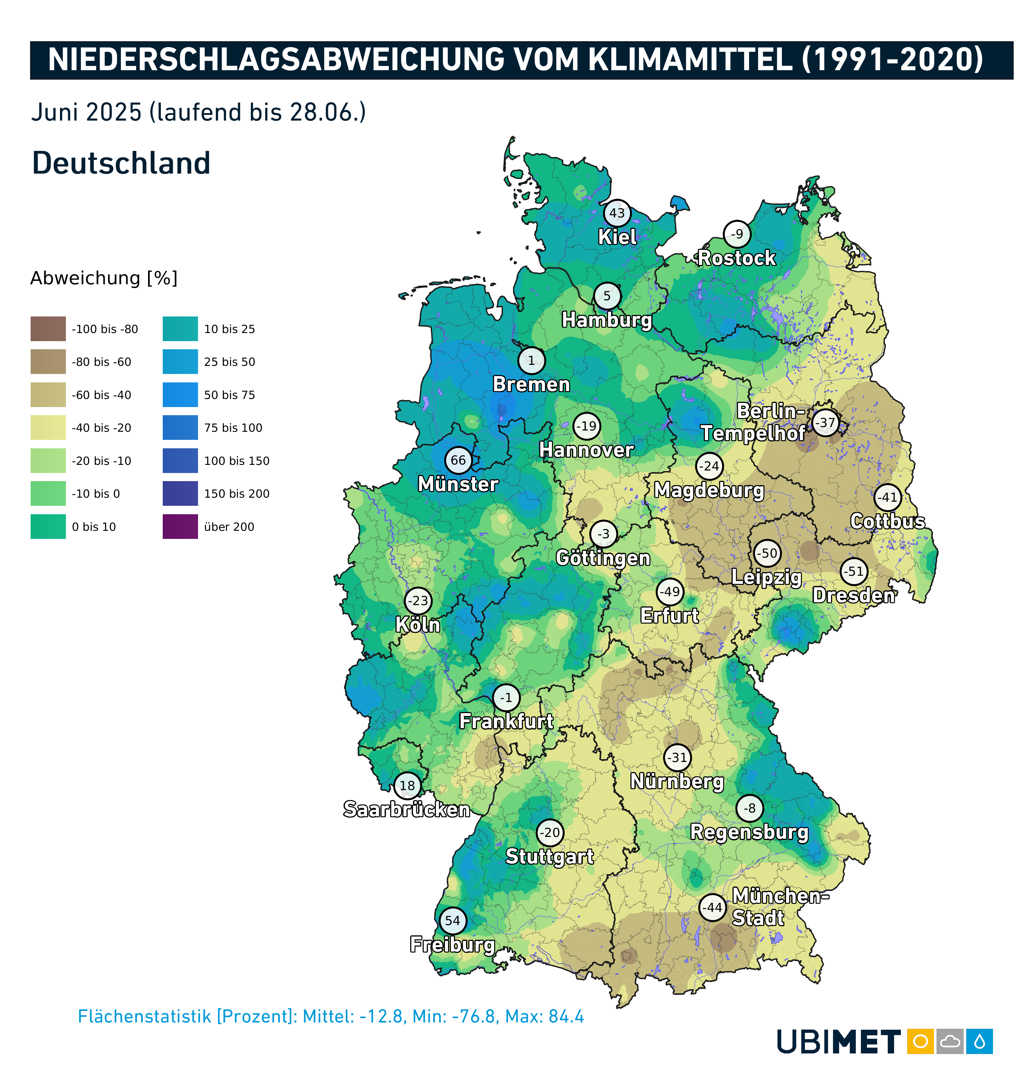Niederschlagsabweichung in Deutschland im Juni 2025 - UBIMET
