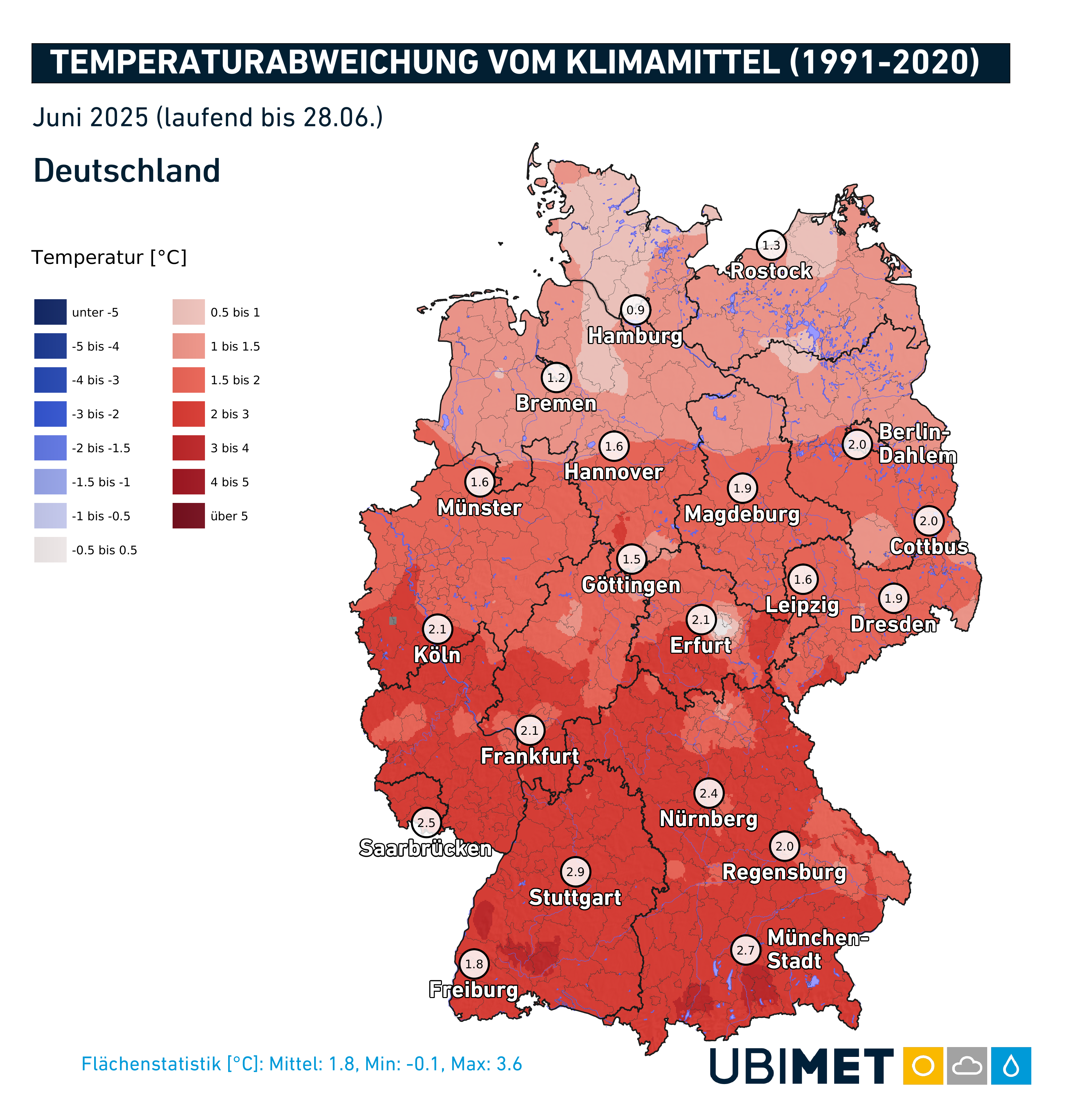 Temperaturabweichung in Deutschland im Juni 2025 - UBIMET