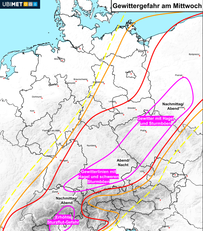 Gewitterpotential am Mittwoch, 04.06.2025. Besonders im Süden und Südosten von Deutschland sind starke Gewitter zu erwarten. © UBIMET
