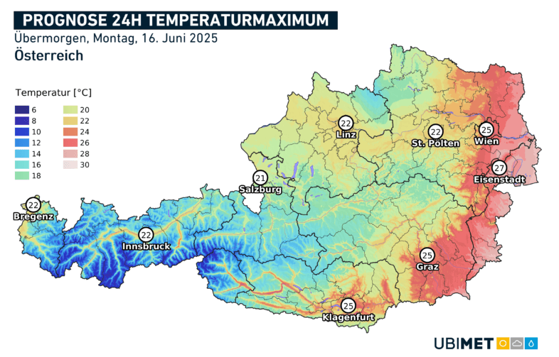 Prognose Temperaturmaximum Montag 16.06.2025 © UBIMET