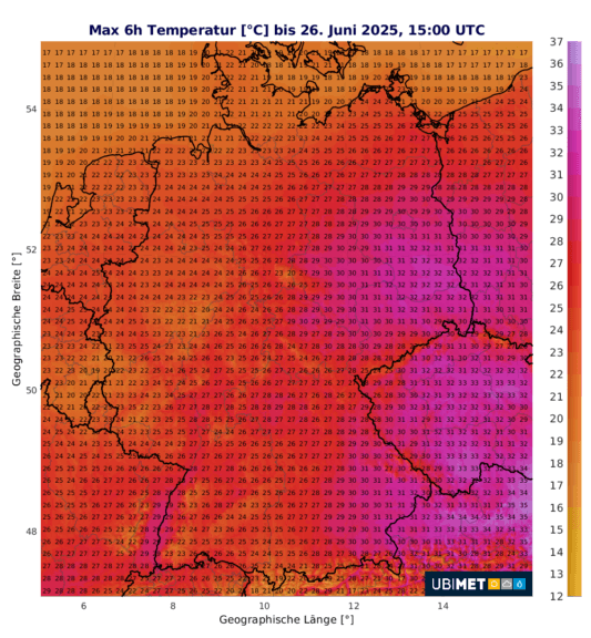 Temperaturmaxima am Donnerstag in °C - UBIMET