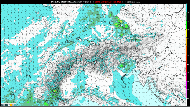 Wind 10m des Modells ICON-D2 in der Nacht von Sonntag auf Montag