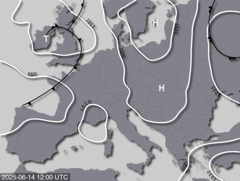 Bodendruck- und Frontenkarte für Samstag, 14. Juni 2025, 14 Uhr MESZ (Quelle: UBIMET)