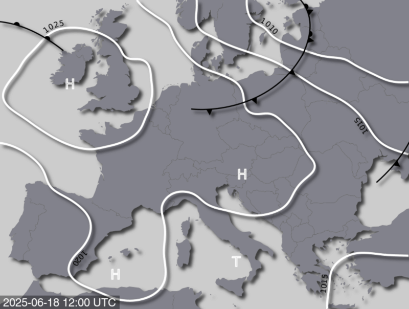 Bodendruck- und Frontenkarte für Mittwoch, 18. Juni 2025, 14 Uhr MESZ (Quelle: UBIMET)