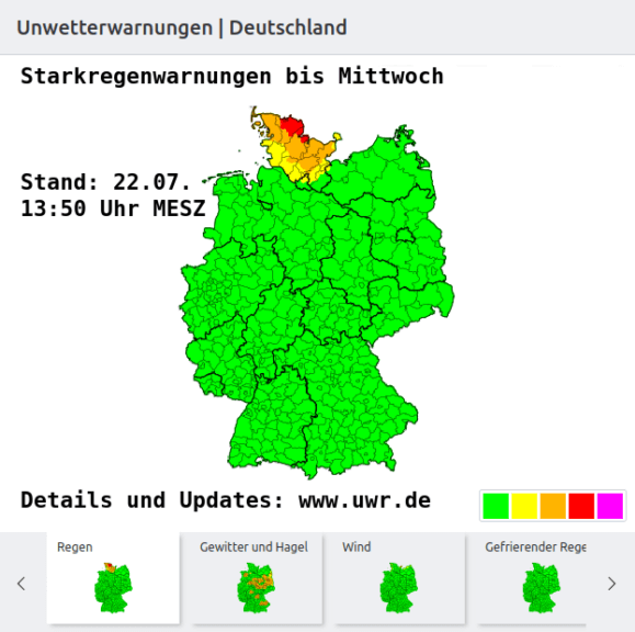 Regenwarnungen für die kommenden Stunden. Stand 22.07.2025 13:50 Uhr - www.uwr.de