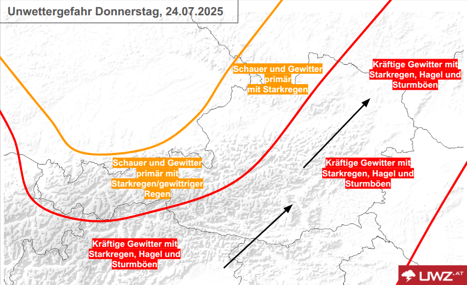 Unwettergefahr in Österreich am Donnerstag, dem 24.07.2025 © uwz.at | Die kräftigsten Gewitter sind am Nachmittag in der Südosthälfte des Landes zu erwarten.