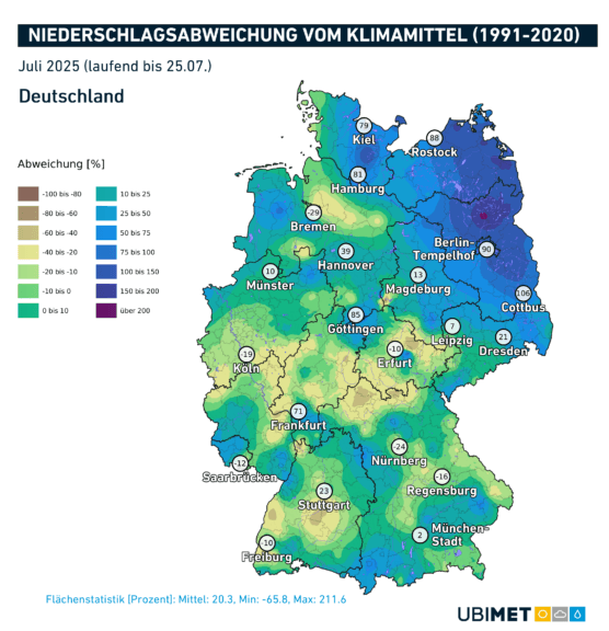 Abweichung der Niederschlagssumme vom Klimamittel im Juli 2025 (bis zum 25.07.) - UBIMET