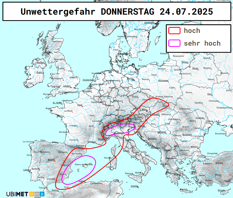 Prognose der Unwettergefahr am Donnerstag, 24.07.2025. © UBIMET/UWZ.at