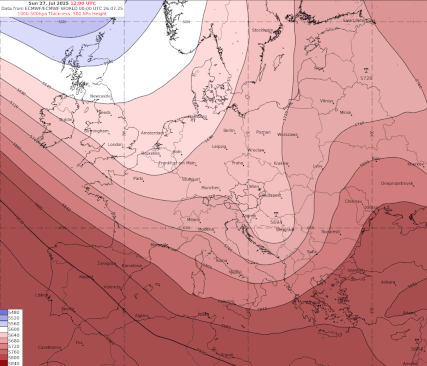 Animation der Großwetterlage (rot = Hochdruckeinfluss, weiß/blau = Tiefdruckeinfluss) am Sonntag, Montag und Dienstag über Europa. Eine unbeständige Nordströmung bleibt uns erhalten - ECMWF IFS, UBIMET