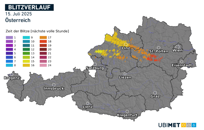 Geortete Blitzentladungen in Österreich am 15.07.2025 - UBIMET, nowcast