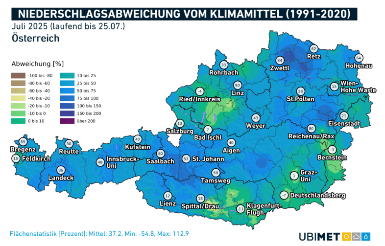 Abweichung der Niederschlagssumme vom Klimamittel im Juli 2025 (bis zum 25.07.) - UBIMET