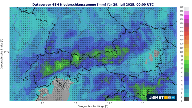 Prognostizierte Niederschlagsmenge für Sonntag und Montag in l/m² - UBIMET