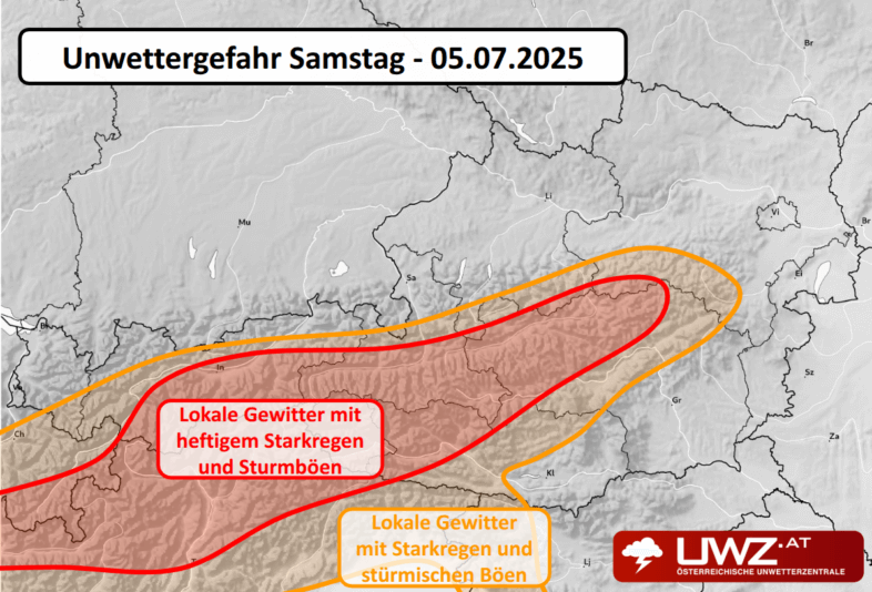 Einschätzung der Unwettergefahr durch Gewitter in Österreich am Samstag, dem 05.07.2025 - www.uzw.at