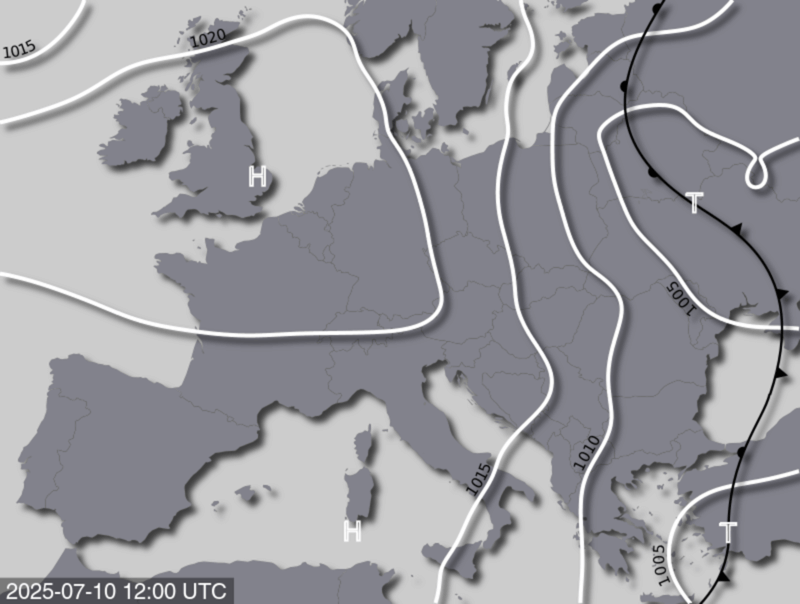 Bodendruck- und Frontenkarte für Donnerstag, 10. Juli 2025, 14 Uhr MESZ (Quelle: UBIMET)