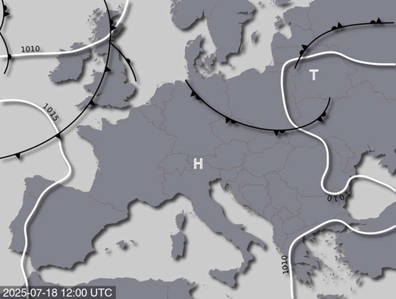 Bodendruck- und Frontenkarte für Freitag, den 18. Juli 2025, 14 Uhr MESZ (Quelle: UBIMET)