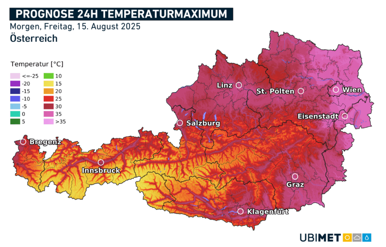 Prognose der Temperatur-Höchstwerte für den Freitag, Mariä Himmelfahrt - UBIMET