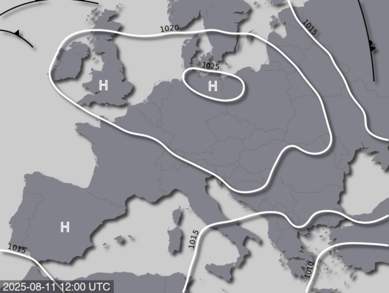 Bodendruck- und Frontenkarte für Montag, den 11. August 2025, 14 Uhr MESZ (Quelle: UBIMET)