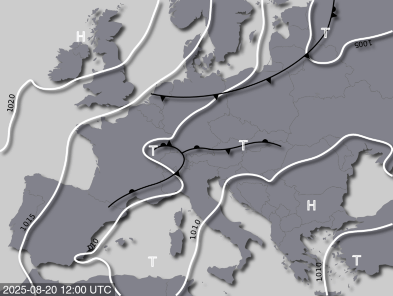 Bodendruck- und Frontenkarte für Mittwoch, den 20. August 2025, 14 Uhr MESZ (Quelle: UBIMET)