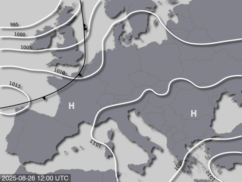 Bodendruck- und Frontenkarte für Dienstag, den 26. August 2025, 14 Uhr MESZ (Quelle: UBIMET)