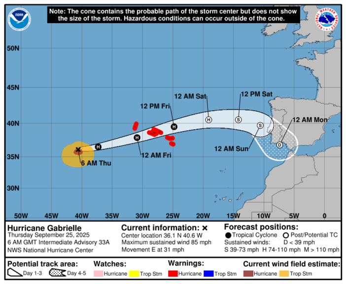 Prognose der Zugbahn und der Stärke von GABRIELLE bis Montag - National Hurriane Center (NHC) https://www.nhc.noaa.gov/
