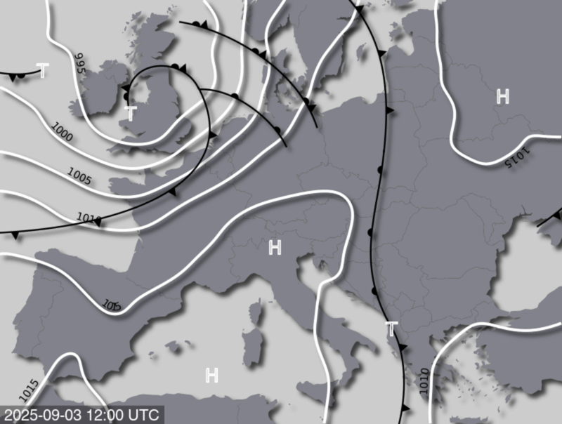 Bodendruck- und Frontenkarte für Mittwoch, den 03. September 2025, 14 Uhr MESZ (Quelle: UBIMET)