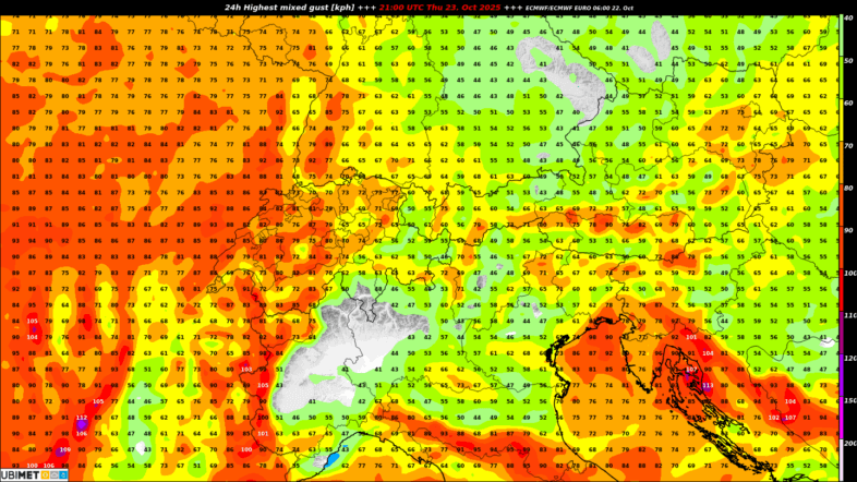 24-stündige Böen ECMWF für Donnerstag 23.10.2025 21 UTC 