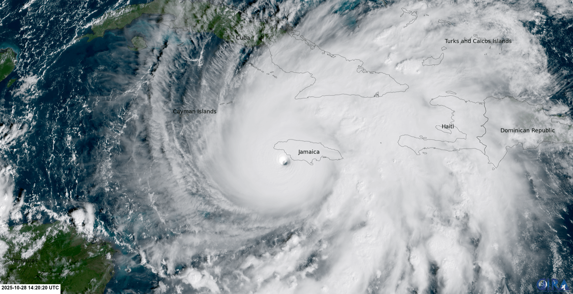 Satellitenbild von Hurrikan Melissa kurz vor dem Landfall in Jamaika - RAMMB-Slider / CIRA