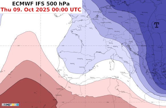 Animation der Großwetterlage in höheren Schichten bis Sonntag im westlichen Mittelmeerraum (blaue Töne = Tiefdruckeinfluss) - ECMWF IFS, UBIMET
