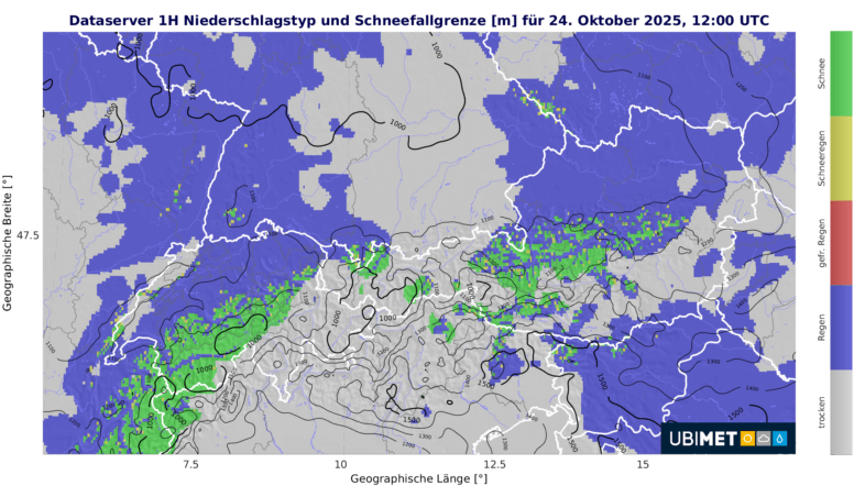 Niederschlagstyp und Schneefallgrenze für Freitag 24.Oktober 2025 12 UTC