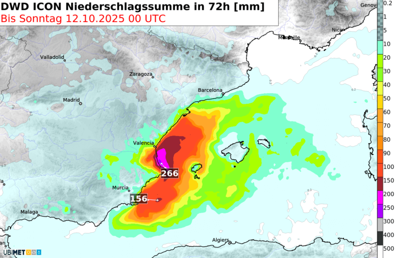 Prognose der 3-tägigen Niederschlagssumme im westlichen Mittelmeerraum bis inklusive Samstag - DWD ICON, UBIMET