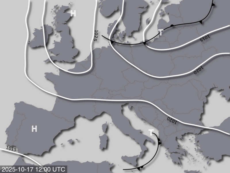 Bodendruck- und Frontenkarte für Freitag, 17. Oktober 2025, 14:00 MESZ (Quelle: UBIMET)