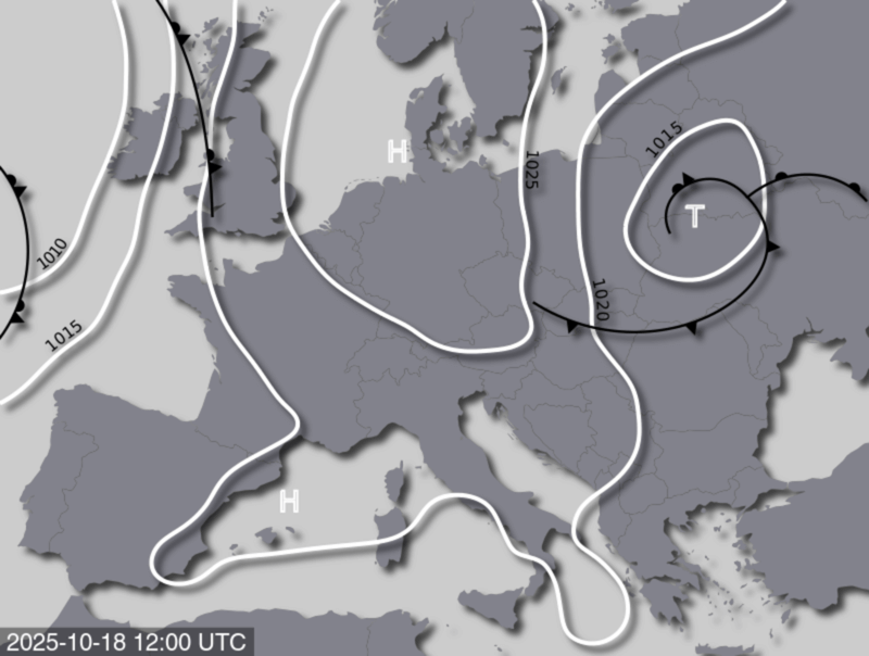 Bodendruck- und Frontenkarte für Samstag, 18. Oktober 2025, 14:00 MESZ (Quelle: UBIMET)