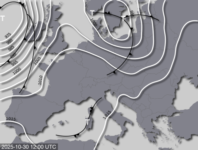 Bodendruck- und Frontenkarte für Donnerstag, 30. Oktober 2025, 13:00 MEZ (Quelle: UBIMET)