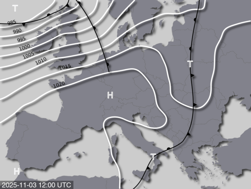 Bodendruck- und Frontenkarte für Montag, 03. November 2025, 13:00 MEZ (Quelle: UBIMET)