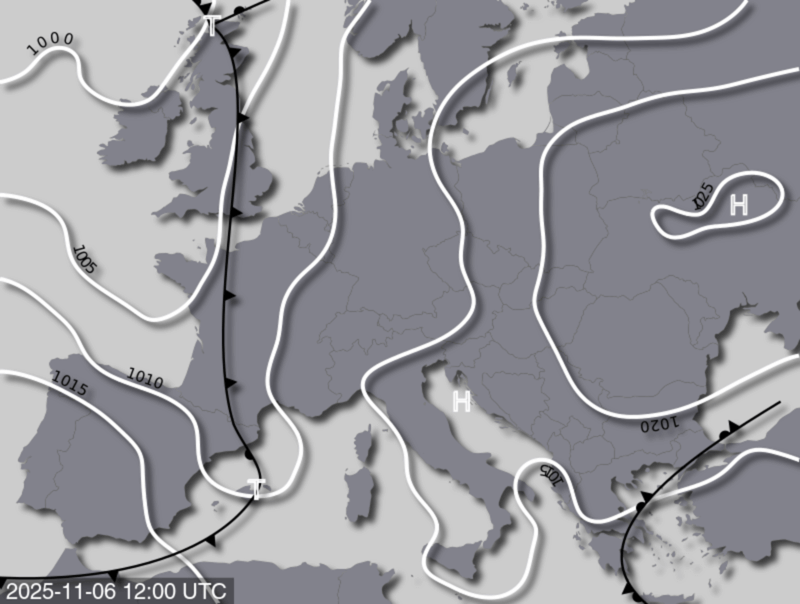 Bodendruck- und Frontenkarte für Donnerstag, 06. November 2025, 13:00 MEZ (Quelle: UBIMET)