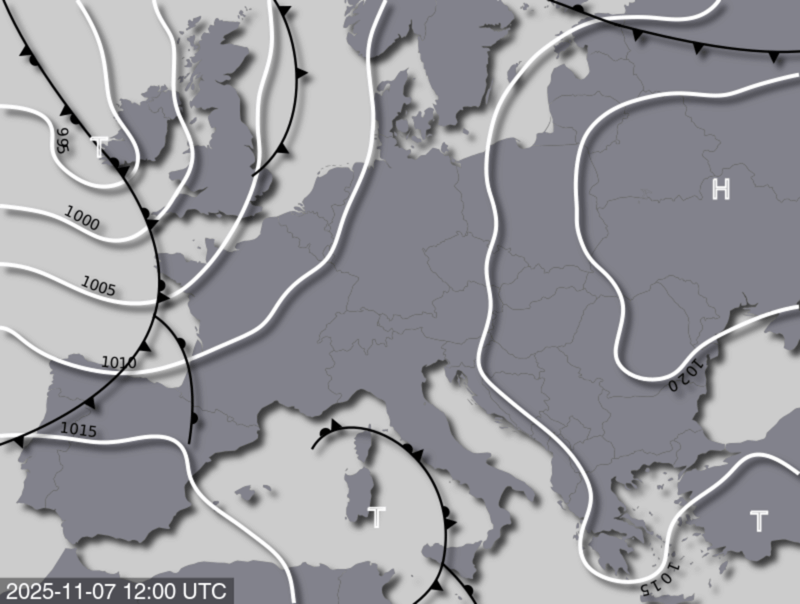 Bodendruck- und Frontenkarte für Freitag, 07. November 2025, 13:00 MEZ (Quelle: UBIMET)