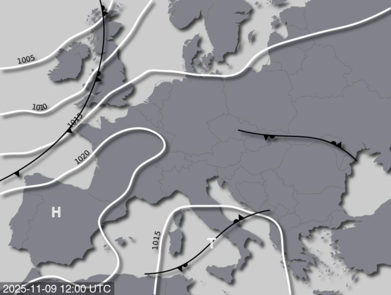 Bodendruck- und Frontenkarte für Sonntag, 09. November 2025, 13:00 MEZ (Quelle: UBIMET)