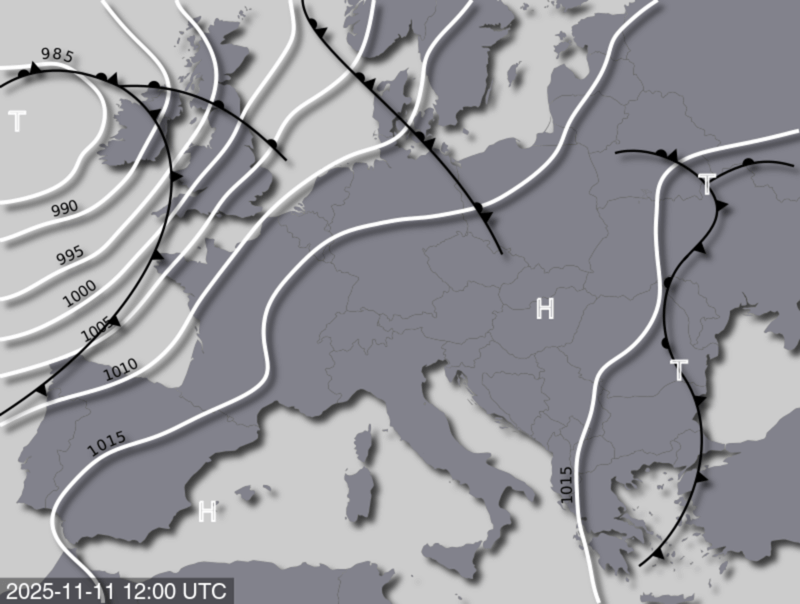 Bodendruck- und Frontenkarte für Dienstag, 11. November 2025, 13:00 MEZ (Quelle: UBIMET)
