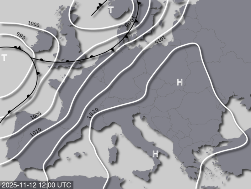 Bodendruck- und Frontenkarte für Mittwoch, 12. November 2025, 13:00 MEZ (Quelle: UBIMET)