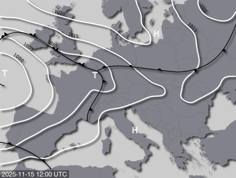 Bodendruck- und Frontenkarte für Samstag, 15. November 2025, 13:00 MEZ (Quelle: UBIMET)