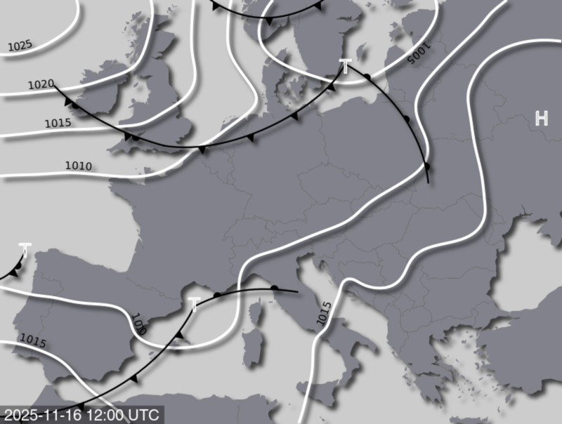 Bodendruck- und Frontenkarte für Sonntag, 16. November 2025, 13:00 MEZ (Quelle: UBIMET)
