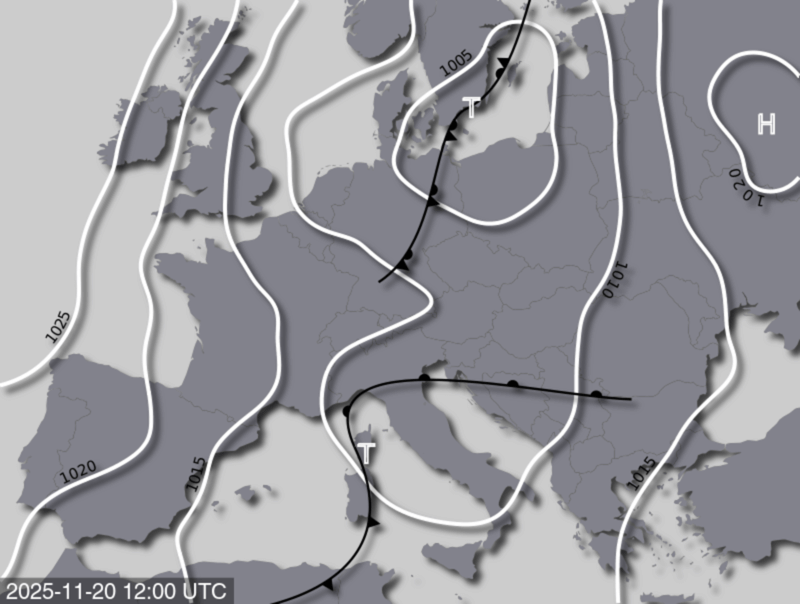 Bodendruck- und Frontenkarte für Donnerstag, 20. November 2025, 13:00 MEZ (Quelle: UBIMET)