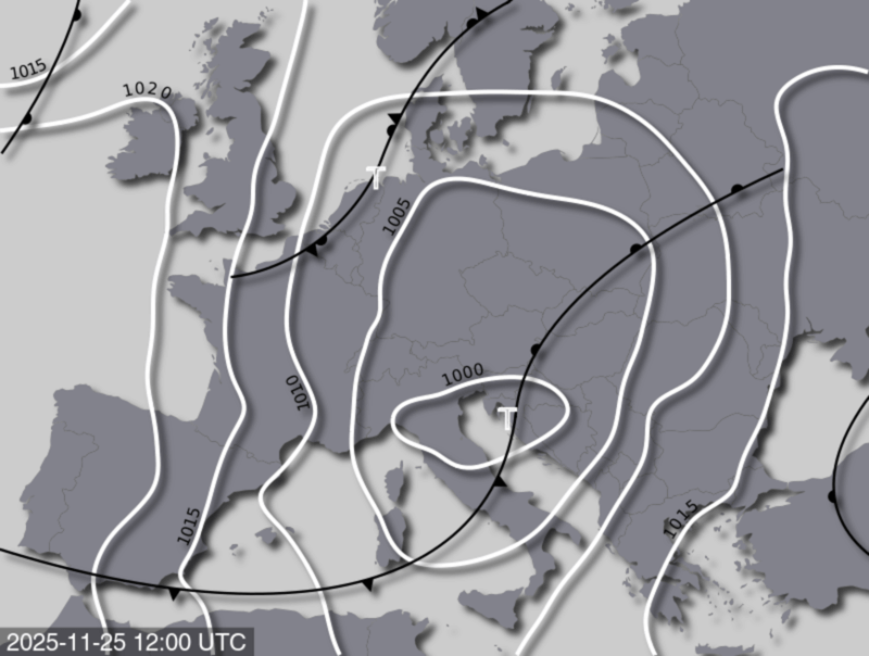 Bodendruck- und Frontenkarte für Dienstag, 25. November 2025, 13:00 MEZ (Quelle: UBIMET)