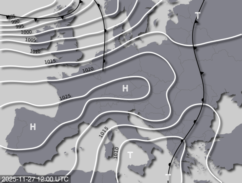 Bodendruck- und Frontenkarte für Donnerstag, 27. November 2025, 13:00 MEZ (Quelle: UBIMET)