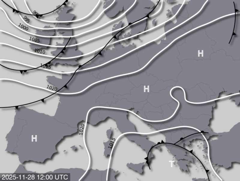 Bodendruck- und Frontenkarte für Donnerstag, 28. November 2025, 13:00 MEZ (Quelle: UBIMET)