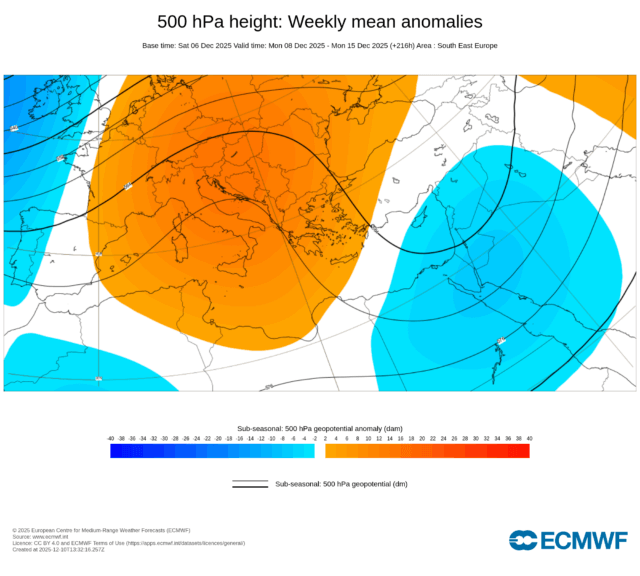 Anomalie der Großwetterlage (Orange = Hochdruckeinfluss, Hellblau = Tiefdruckeinfluss) in diesen Tagen zwischen Südosteuropa und dem Nahen Osten - ECMWF