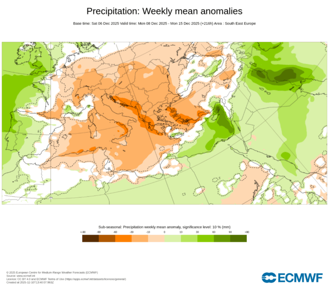 Anomalie der Niederschlagssumme (Orange = trocken, Grün = nass) in diesen Tagen zwischen Südosteuropa und dem Nahen Osten - ECMWF