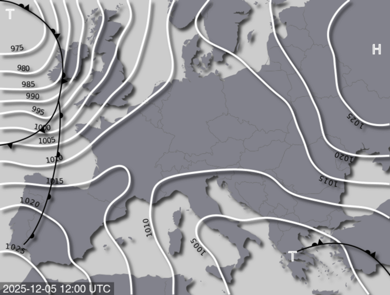 Bodendruck- und Frontenkarte für Freitag, 5. Dezember 2025, 13:00 MEZ (Quelle: UBIMET)