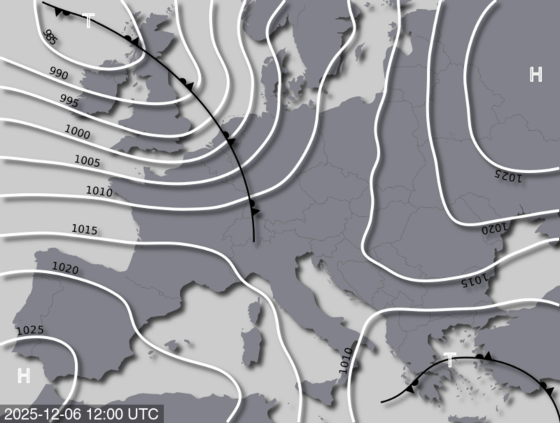 Bodendruck- und Frontenkarte für Samstag, 6. Dezember 2025, 13:00 MEZ (Quelle: UBIMET)